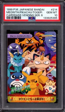1999 Pokemon Bandai Carddass Vending Series 6 Meowth/Pikachu/Togepi #214 PSA 10 - Image 1