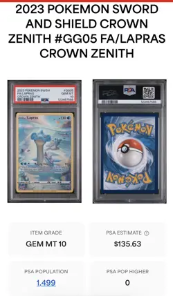 2023 POKEMON SWORD & SHIELD CROWN ZENITH #GG05 FULL ART/LAPRAS PSA 10 - Image 1