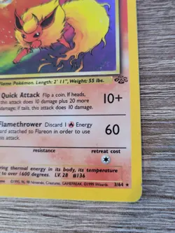 Holo Flareon Pokemon Card 3/64 Jungle Foil 1999 Vintage TCG WOTC MP - Image 5