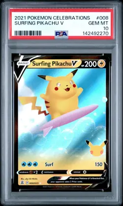 2021 POKEMON CELEBRATIONS #008 SURFING PIKACHU V PSA 10 - Image 1
