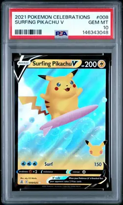 2021 POKEMON CELEBRATIONS #008 SURFING PIKACHU V PSA 10 - Image 1