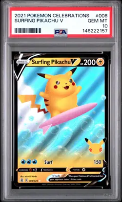 2021 POKEMON CELEBRATIONS #008 SURFING PIKACHU V PSA 10 - Image 1