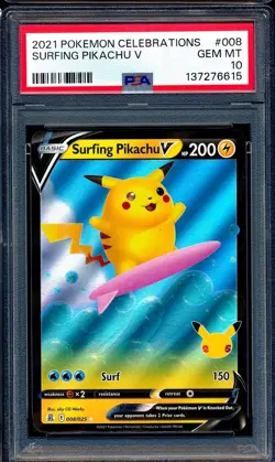Surfing Pikachu V 2021 Pokemon Celebrations #008 PSA 10 - Image 1
