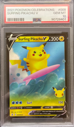 2021 POKEMON CELEBRATIONS #008 SURFING PIKACHU V PSA 10 - Image 1