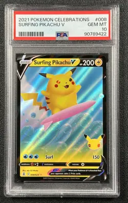 SURFING PIKACHU V PSA 10 2021 POKEMON SWORD & SHIELD CELEBRATIONS #008/025 9422 - Image 1