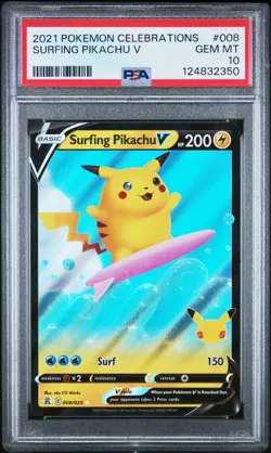 2021 Pokemon Celebrations Surfing Pikachu V #008 GEM MT PSA 10 Ultra Rare - Image 1