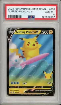 2021 Pokemon Celebrations Surfing Pikachu V #008 PSA 10 - Image 1