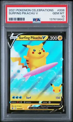 2021 Pokemon Celebrations #008 Surfing Pikachu V - PSA 10 - Image 1