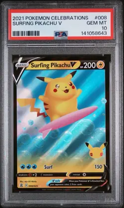 2021 Pokemon Surfing Pikachu V Celebrations 008/025 PSA 10 GEM MINT - Image 1