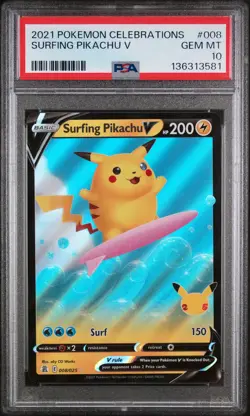 2021 POKEMON CELEBRATIONS #008 SURFING PIKACHU V PSA 10 - Image 1