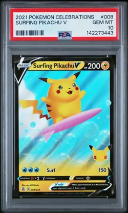 2021 POKEMON CELEBRATIONS #008 SURFING PIKACHU V PSA 10 - Image 1