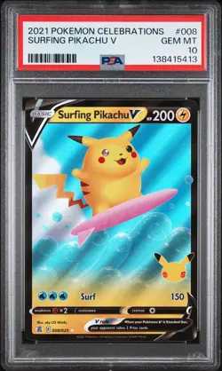 2021 POKEMON CELEBRATIONS #008 SURFING PIKACHU V PSA 10 - Image 1