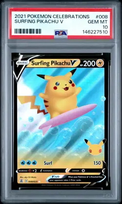 2021 POKEMON CELEBRATIONS #008 SURFING PIKACHU V PSA 10 - Image 1