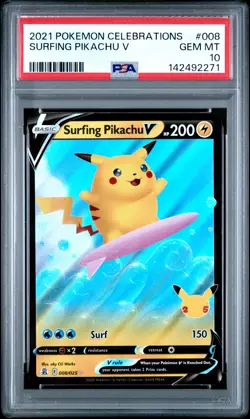 2021 POKEMON CELEBRATIONS #008 SURFING PIKACHU V PSA 10 - Image 1