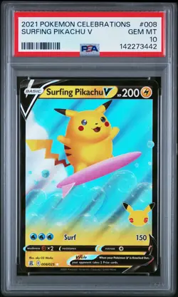 2021 POKEMON CELEBRATIONS #008 SURFING PIKACHU V PSA 10 - Image 1