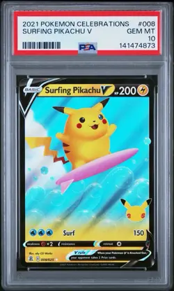 2021 POKEMON CELEBRATIONS #008 SURFING PIKACHU V PSA 10 - Image 1