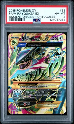 2015 POKEMON XY ANCIENT ORIGINS PORTUGUESE #98 FULL ART/M RAYQUAZA EX PSA 8 - Image 1