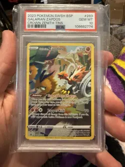 PSA 10 GEM MINT Galarian Zapdos Tin Promo Full Art Holo Pokemon SWSH 283 - Image 1