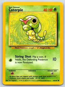 Caterpie - Base Set 45/102 Unlimited Vintage Ken Sugimori WotC Pokemon Card MP - Image 1