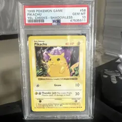 1999 POKEMON GAME YELLOW CHEEKS-SHADOWLESS #58 PIKACHU PSA 10 - Image 1