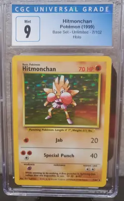 CGC 9 MINT Pokemon Base Set Hitmonchan Unlimited Holo 7/102 - Image 1