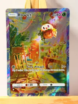Rowlet Pocket TCG Card FANMADE Full Alt Art Illustration Cute Holo - Image 1