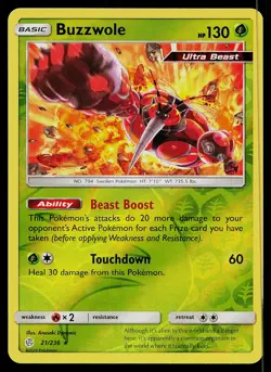 Pokemon Card Cosmic Eclipse Buzzwole 21/236 Rare Reverse Holo - Image 1