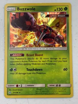 Buzzwole Holofoil Rare SM - Cosmic Eclipse 21/236 Pokemon Card LP - Image 1
