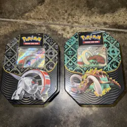 Pokemon TCG Paldean Fates Tin Lot Of 2 Great Tusk Iron Treads Sealed - Image 1