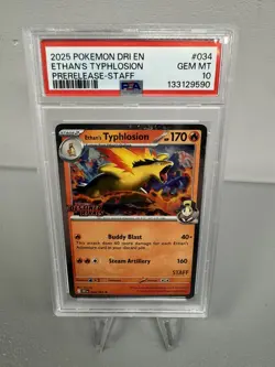 2025 POKEMON DRI EN-DESTINED RIVALS PRERELEASE-STAFF ETHAN'S TYPHLOSION PSA 10 - Image 1