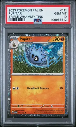 2023 POKEMON PAL EN-PALDEA EVOLVED TRIPLE WHAMMY TINS #111 PUPITAR PSA 10 Cosmos - Image 1