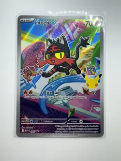 Pokemon TCG Litten 044 MEP Promo Holo Basic Cat 70 HP Fire Fang 2 Fire Energy - Image 1