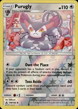 Pokemon TCG Reverse Holo Card Purugly SM - Ultra Prism 109/156 - Image 1