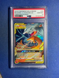 2019 POKEMON SUN & MOON UNBROKEN BONDS #20 RESHIRAM & CHARIZARD GX PSA 10 - Image 1