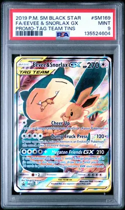 2019 POKEMON SM BLACK STAR PROMO TAG TEAM TINS FULL ART/EEVEE & SNORLAX GX PSA 9 - Image 1