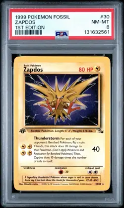 1999 Pokemon Fossil ZAPDOS 1st Edition PSA 8 NM-MT Non Holo #30 - Image 1