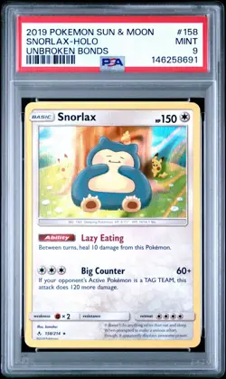 PSA 9 Snorlax Holo Rare Unbroken Bonds 2019 Pokemon Card #158 - Image 1