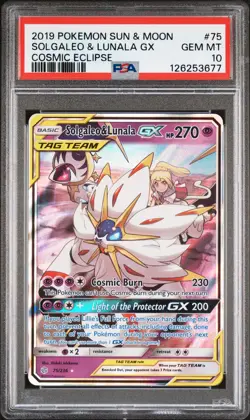 2019 POKEMON SUN & MOON COSMIC ECLIPSE #75 SOLGALEO & LUNALA GX PSA 10 - Image 1