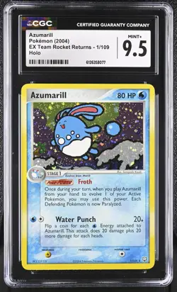 CGC 9.5 MINT+ Azumarill 2004 EX Team Rocket Returns 1/109 Holo Pokemon Card - Image 1