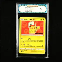 TQG 8.5 NM-MT+ 2017 Pokemon ENG Ash's Pikachu SM109 Promo - Image 1