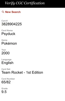 2000 Pokemon Team Rocket 1st Edition Psyduck #65 CGC Graded 9.5 Gem Mint - Image 2
