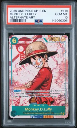 2025 ONE PIECE OP13-CARRYING ON HIS WILL ALTERNATE ART MONKEY D LUFFY PSA 10 Gem - Image 1