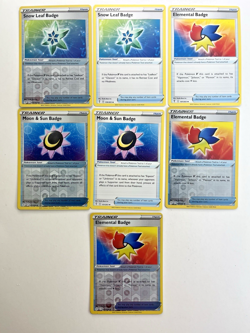 Pokemon Tcg Lot of 7 Sun & Moon Badge, Snow Leaf Badge Item Trainer Reverse Holo - Image 1