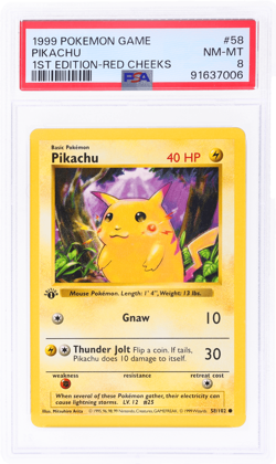 1999 Pokemon Base Set Pikachu 1st Edition Red Cheeks Error #58 PSA 8 - Image 1