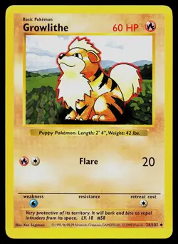 Pokemon Card - Growlithe Base Set (Shadowless) 28/102 Uncommon - Image 1