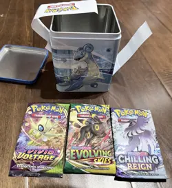 Pokemon TCG 2022-Stack 'Em High-Tin-Evolving Skies/Chilling/Vivid Packs Verified - Image 1