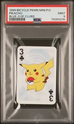 1999 Pokemon Pikachu Mini Playing Card Poker Bicycle 3 of Clubs PSA 9 Mint - Image 1