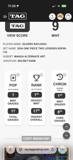 Tag 9 Silvers Rayleigh OP08-118 Manga Alt Art SEC ONE PIECE Card ENGLISH - Image 3