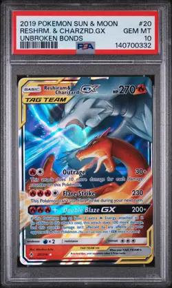 Reshiram & Charizard Gx Pokemon Sun & Moon Unbroken Bonds 20 PSA 10 - Image 1