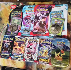 Sealed Pokemon TCG 10 Pack Lot 151 BRILLIANT STARS ASCENDED HEROS Mini Tin DESTI - Image 1